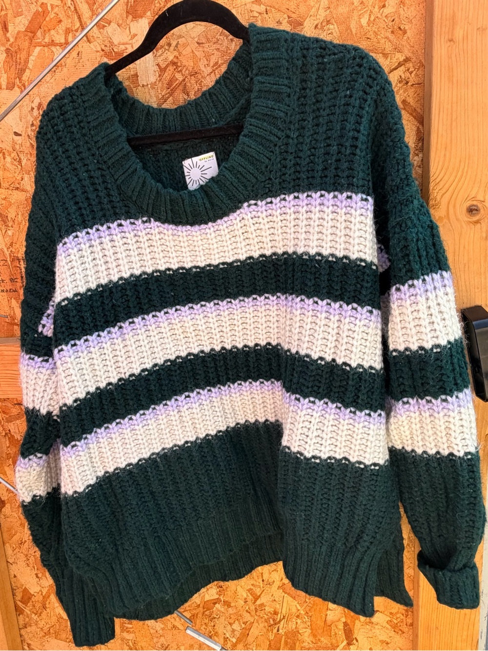 aerie Forest Green Striped Crewneck Sweater with Cream & Lavender Accents